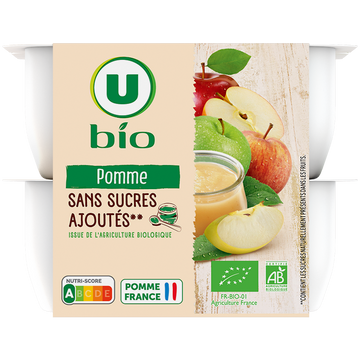 U BIO Coupelles compote pomme nature sans sucre ajouté, 8x100g