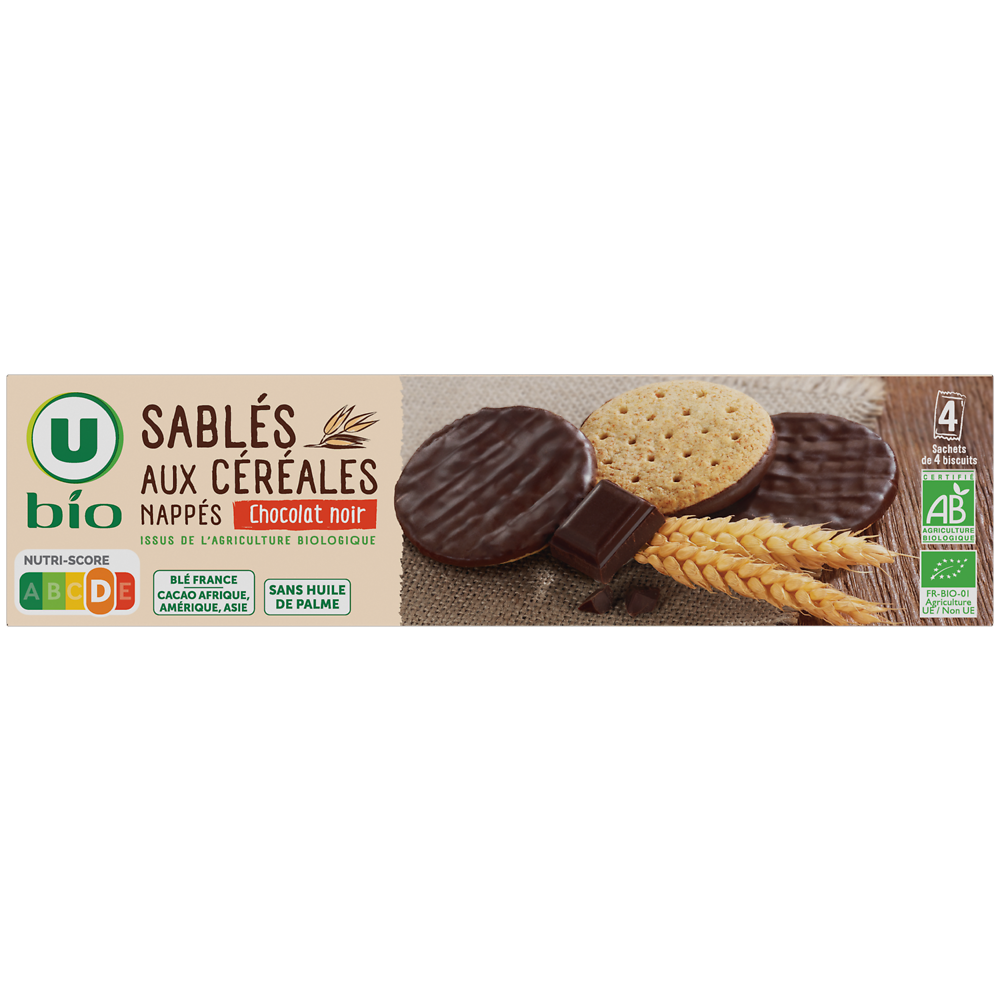 U BIO Biscuits Sablés bio aux céréales nappés de chocolat noir , paquet de 200g