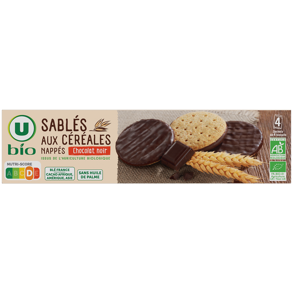 U BIO Biscuits Sablés bio aux céréales nappés de chocolat noir , paquet de 200g