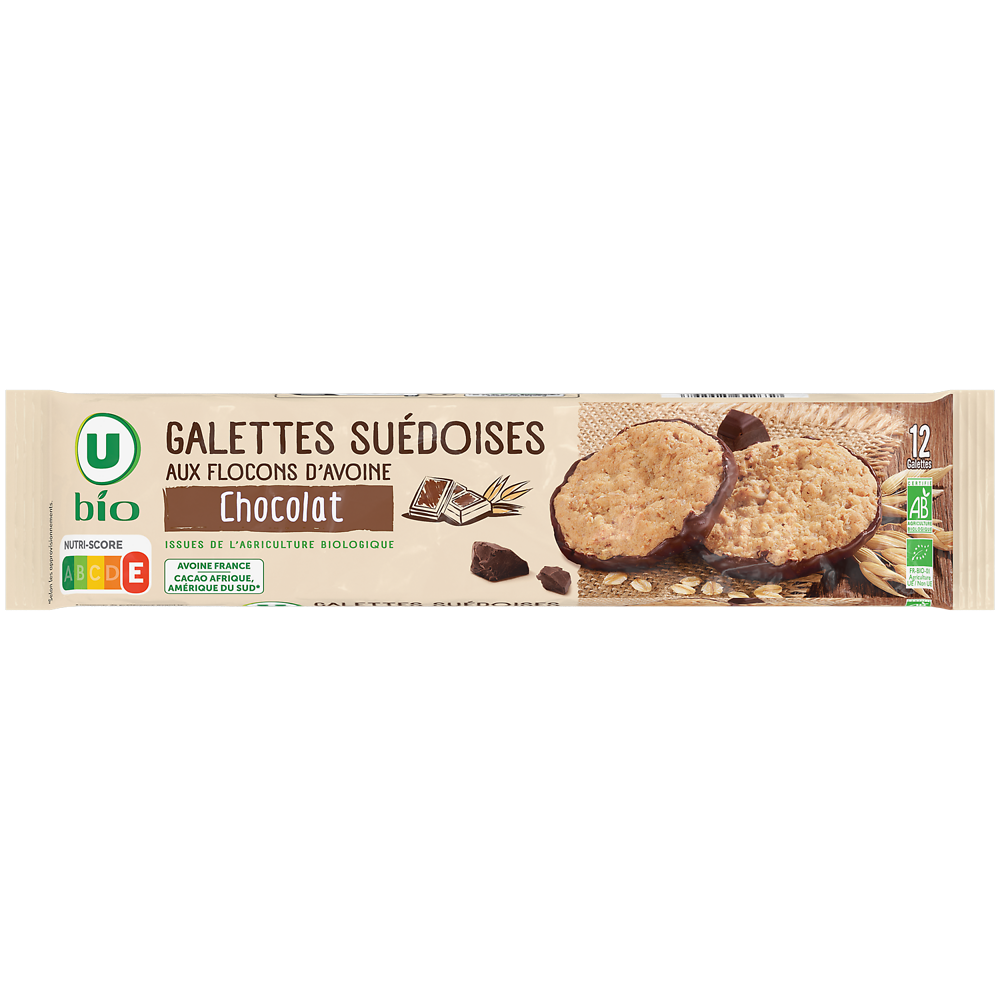 U BIO Galettes Suédoises aux flocons d'avoine nappées de chocolat noir