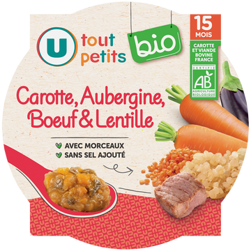 U TOUT PETITS BIO Plat bébé assiette de carotte lentille aubergine boeuf, 250g