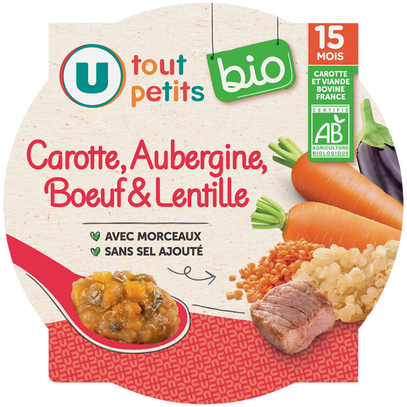 U TOUT PETITS BIO Plat bébé assiette de carotte lentille aubergine boeuf, 250g