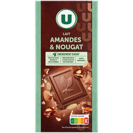 U Chocolat au lait amandes et éclats de nougat au miel, - tablette 180g