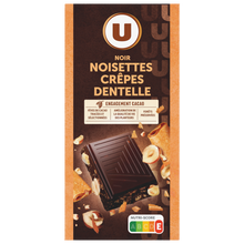 U Chocolat noir noisettes et éclats de crêpes dentelle, tablette 180g