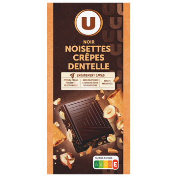 U Chocolat noir noisettes et éclats de crêpes dentelle, tablette 180g