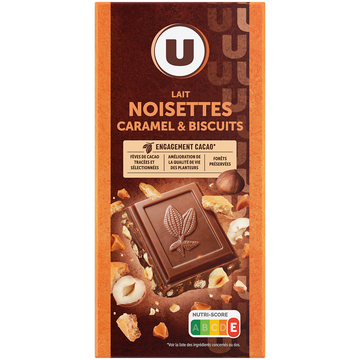 U Chocolat au lait noisettes & éclats de biscuit & caramel, - tablette 180g