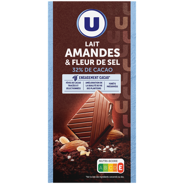 U Chocolat lait amandes effilées et pointe de sel, - tablette 100g