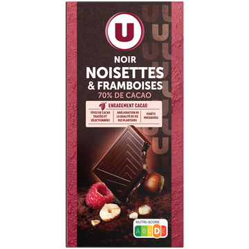 U Chocolat noir aux éclats de noisettes et framboises, tablette 100g