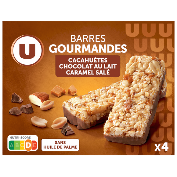 U Barres de céréales gourmandes cacahuètes chocolat caramel, x4 - 140g