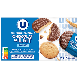 U Sablés céréales nappés chocolat lait, pocket 225g