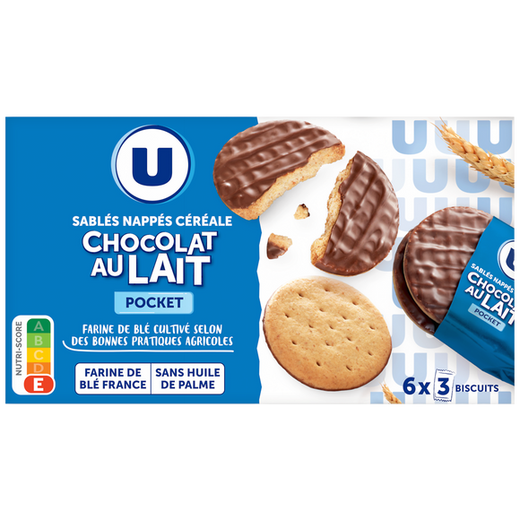 U Sablés céréales nappés chocolat lait, pocket 225g