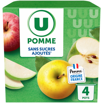 U Dessert fruitier Coupelles sans sucres ajoutés pomme nature - 4x100g
