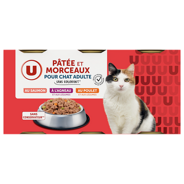 U Boîte pour chat Pâtée et morceaux agneau, saumon MSC, poulet pour chat- 3x400g