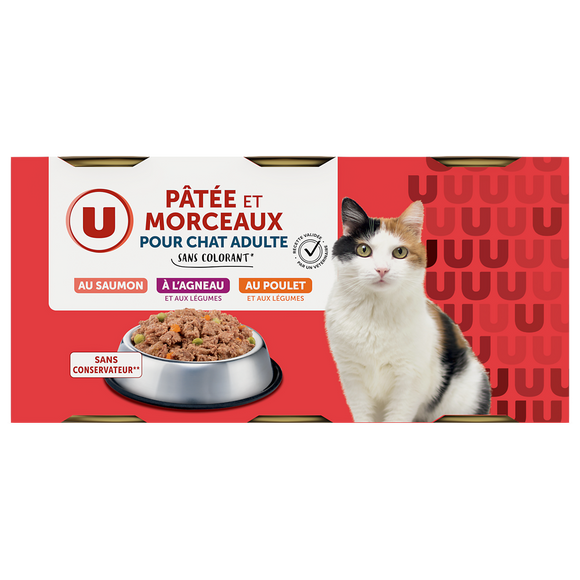 U Boîte pour chat Pâtée et morceaux agneau, saumon MSC, poulet pour chat- 3x400g