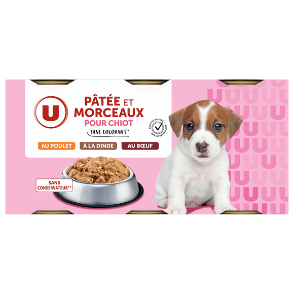 U Boîte pour chiot Pâtée et morceaux viandes, 3x400g