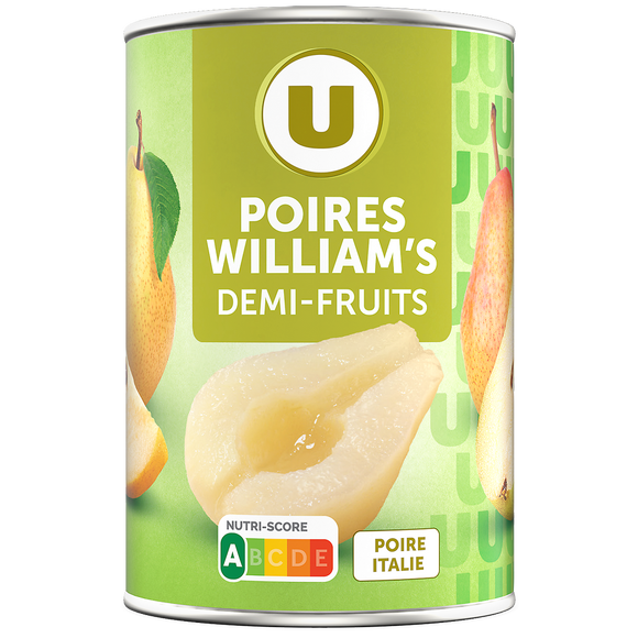 U Poires demi-fruits au sirop léger, boîte 1/2 225g