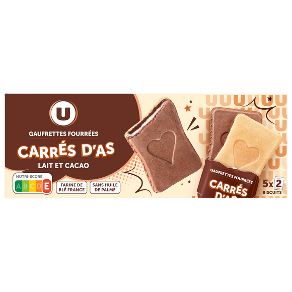 U Gaufrettes carrés d'as fourrées lait et cacao, U, 128g