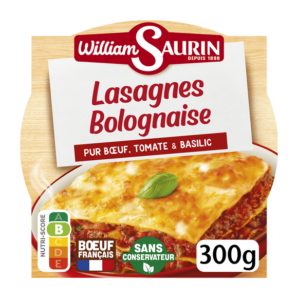 Plat cuisiné Lasagnes bolognaise pur boeuf tomate basilic WILLIAM SAURIN baruqette300g
