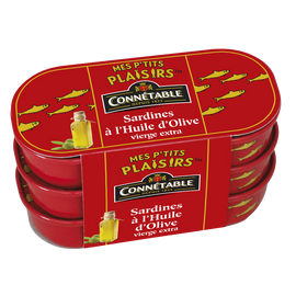 Petites sardines à l'huile d'olive vierge extra CONNETABLE, 3 boîtes de 1/13, 165g