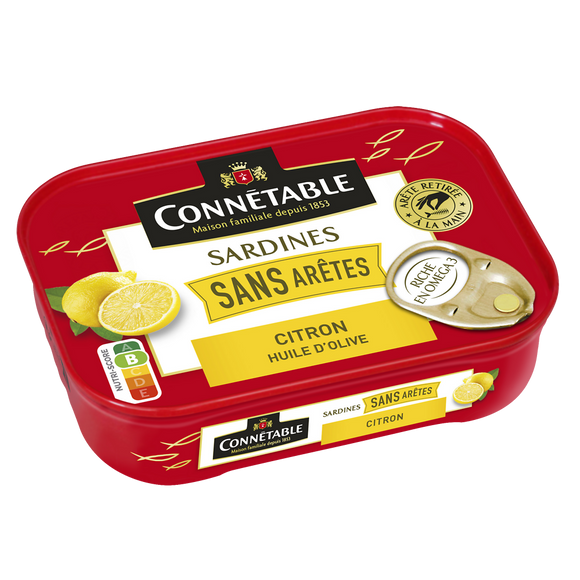 Sardine sans arêtes à l'huile d'olive citron, CONNETABLE, boîte de 1/5, 140g