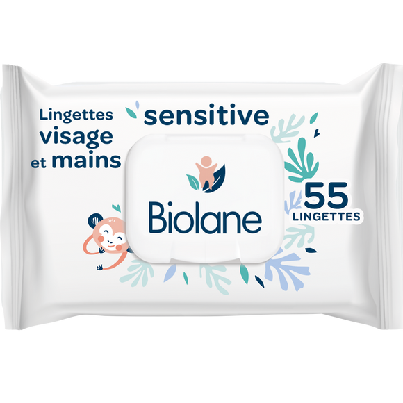Lingettes visage et mains sensitives BIOLANE, x55