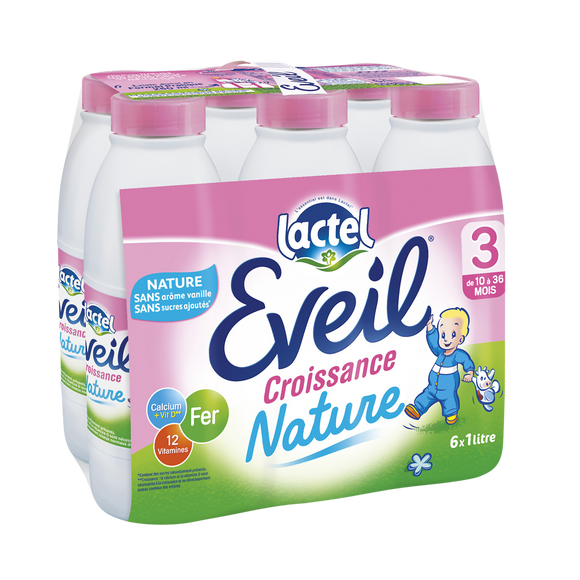 Lait Eveil nature sans arôme vanille LACTEL, de 12 mois à 3 ans, 6x1l