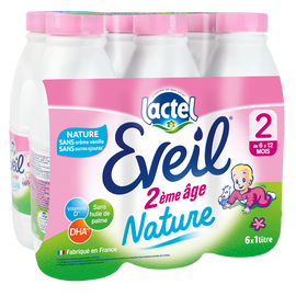 Lait infantile Eveil 2ème âge nature sans arôme vanille sans sucre ajouté dès 6 mois LACTEL 6x1l