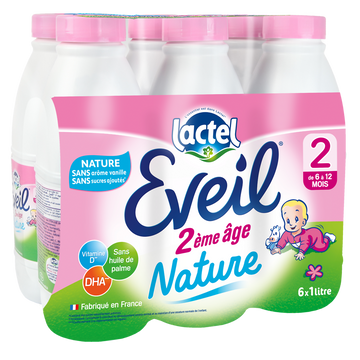 Lait infantile Eveil 2ème âge nature sans arôme vanille sans sucre ajouté dès 6 mois LACTEL 6x1l