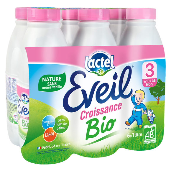 Lait de croissance bio nature dès 10 mois EVEIL LACTEL - 6x1L