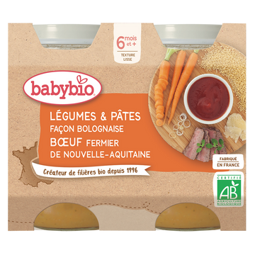 Pot de légumes pâtes bolognaise boeuf, BABYBIO, dès 6mois, 2x200g