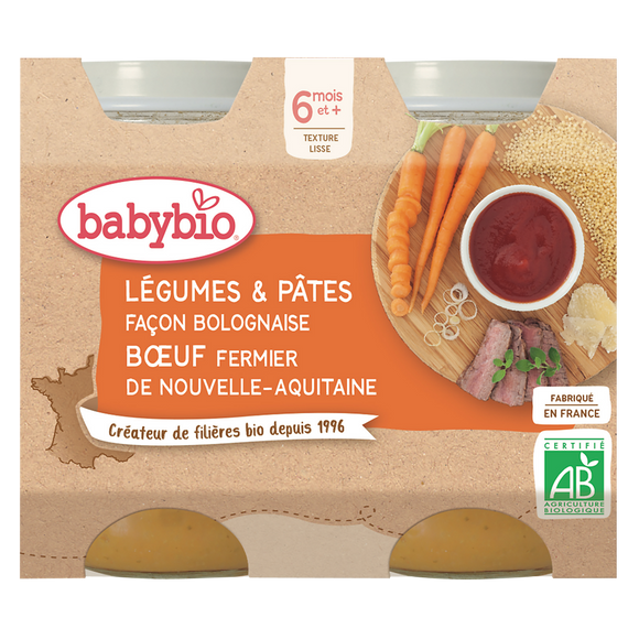 Pot de légumes pâtes bolognaise boeuf, BABYBIO, dès 6mois, 2x200g