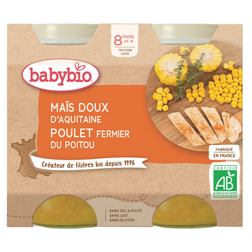 Pot maïs doux et poulet BABYBIO, dès 8 mois, 2x200g