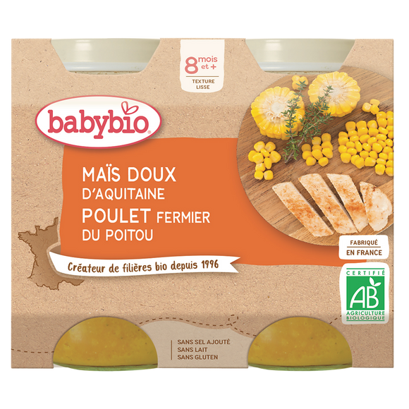 Pot maïs doux et poulet BABYBIO, dès 8 mois, 2x200g