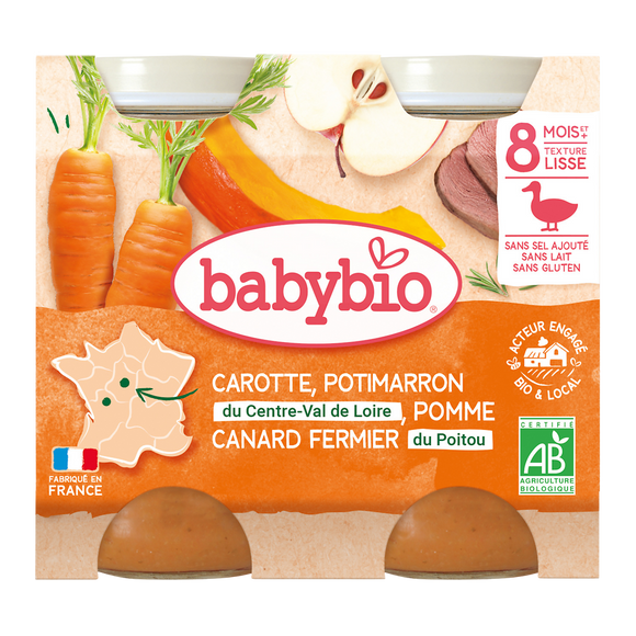 BABYBIO - Plat bébé du midi Carotte potimarron pomme canard, dès 4 mois - 2x200g