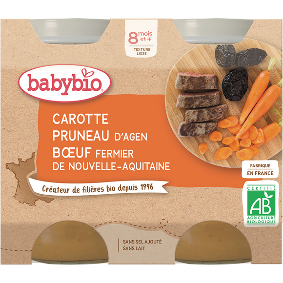 BABYBIO - Carotte, Pruneau Boeuf Fermier d'Aquitaine, dès 8 mois - 2x200g
