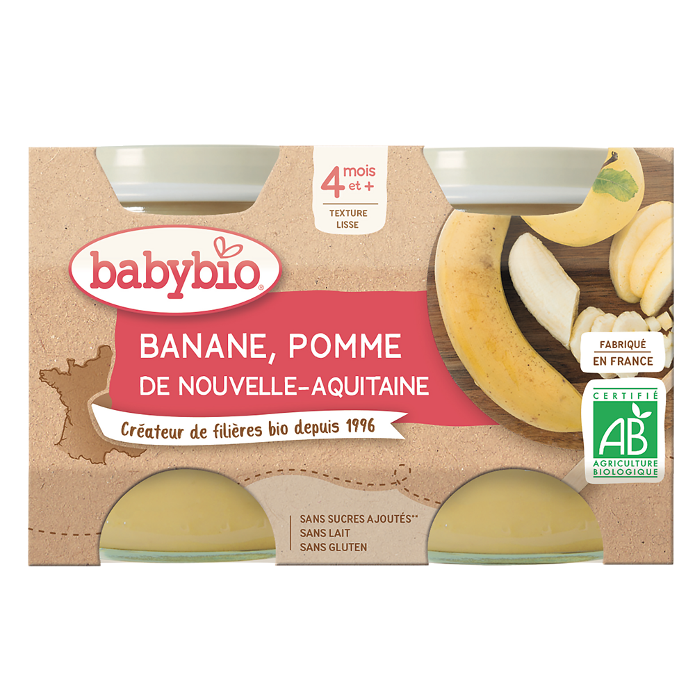 Purée de pomme banane BABYBIO, 2 pots de 130g