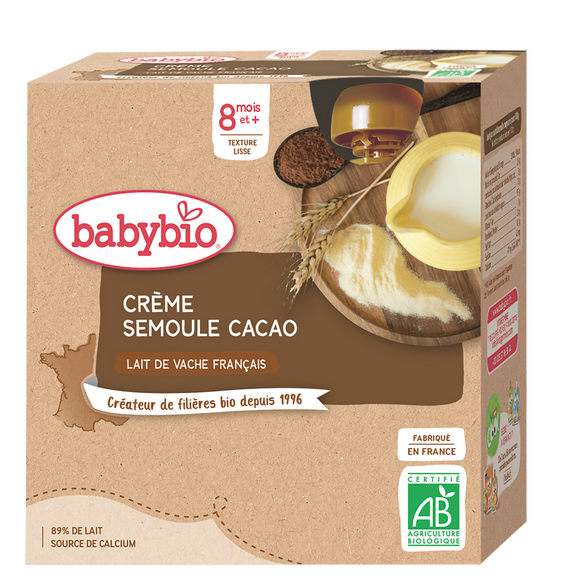 BABYBIO - Crème semoule cacao, 8 mois et plus - 4x85g