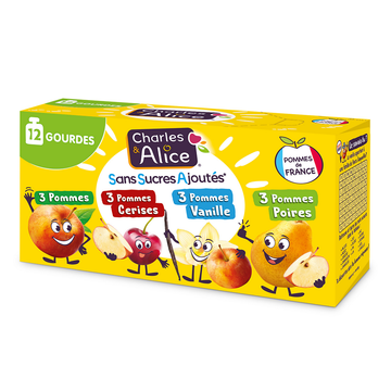 Gourde Dessert fruitier pomme/cerise/vanille/poire, sans sucre ajouté,CHARLES & ALICE - 12x90g