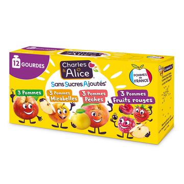 Gourde Dessert pomme/mirabelle/pêche/fruits rouges, sans sucre ajouté, CHARLES & ALICE - 12x90g