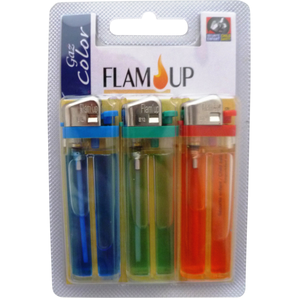 Briquets à gaz colorés sous blister FLAM'UP, x3