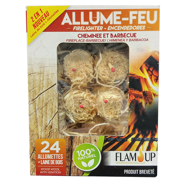 Allume feux + allumettes en laine de bois 100% naturel FLAM UP, boîtede 24