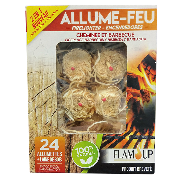 Allume feux + allumettes en laine de bois 100% naturel FLAM UP, boîtede 24