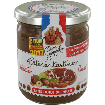 Pâte à tartiner noisettes cacao du Lot et Garonne LUCIEN GEORGELIN, pot de 400g