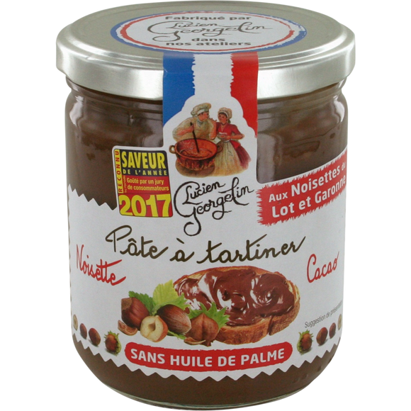 Pâte à tartiner noisettes cacao du Lot et Garonne LUCIEN GEORGELIN, pot de 400g