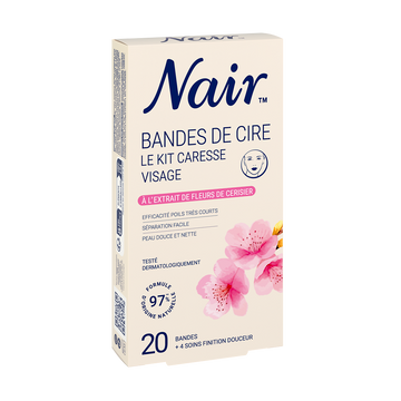 Cire dépilatoire Froide en bandes Visage Peau Sensible Caresse SpécialFleur de Cerisier NAIR, x20 bandes