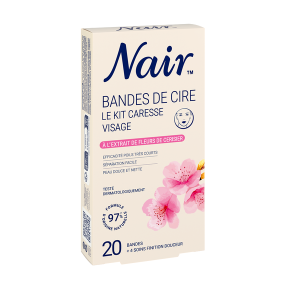 Cire dépilatoire Froide en bandes Visage Peau Sensible Caresse SpécialFleur de Cerisier NAIR, x20 bandes