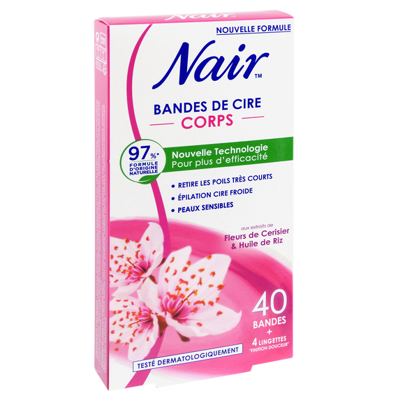 Cire froide dépilatoire pour le corps parfum fleur de cerisier et huile de riz NAIR, 40 bandes