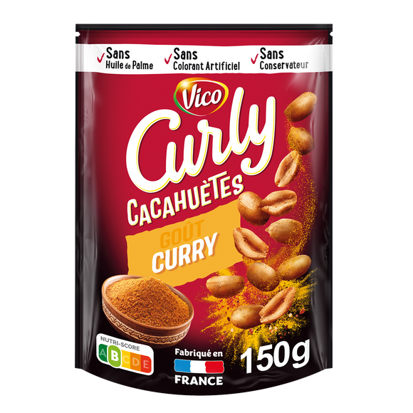 Biscuits apéritifs CURLY cacahuètes goût curry Vico, sachet 150g