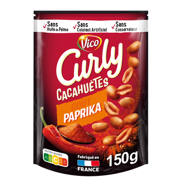 Biscuits apéritifs CURLY cacahuètes paprika Vico, sachet 150g