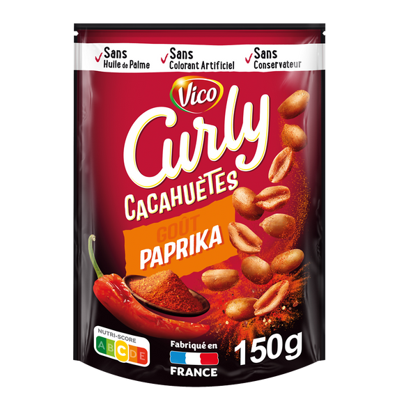 Biscuits apéritifs CURLY cacahuètes paprika Vico, sachet 150g